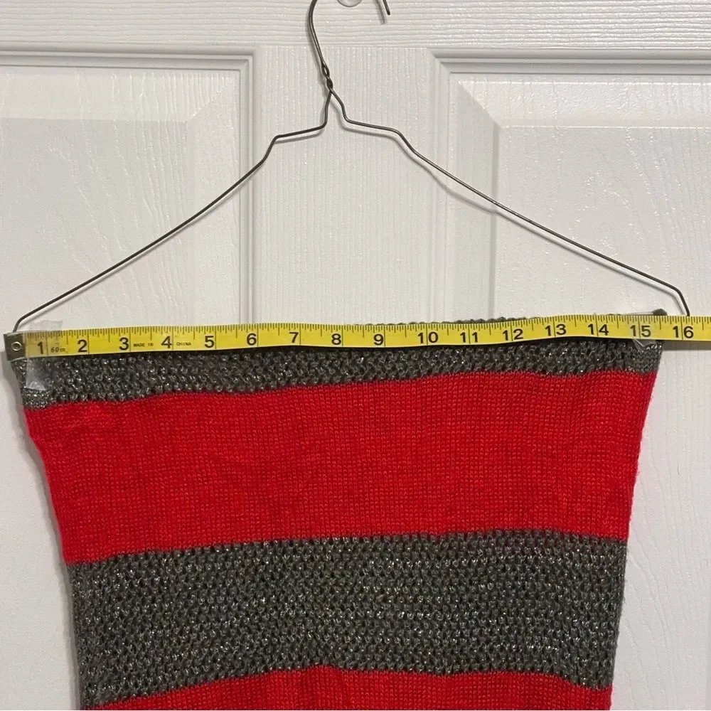 J. Jill Women's Red Gray Silver Sparkles Wide Striped Knit Head Neck Scarf Grey